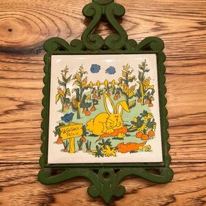 Mid Century Cast Iron and Hand Painted Tile Trivet Green Rabbit, Carrots, Corn